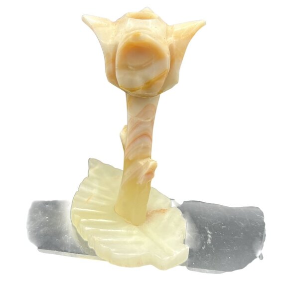Vintage Handcrafted Onyx Tulip Candle Holder Leaf Base Rare Butter Yellow Decor - Picture 4 of 12
